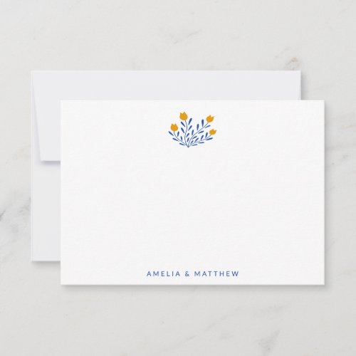 Minimalist Folk Flowers Blue Yellow Wedding Names Thank You Card