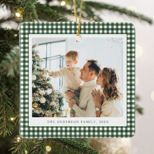 Minimalist Forest Green Gingham Photo Ceramic Ornament