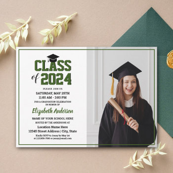 Minimalist Forest Green Graduate Photo Graduation Invitation by littleteapotdesigns at Zazzle