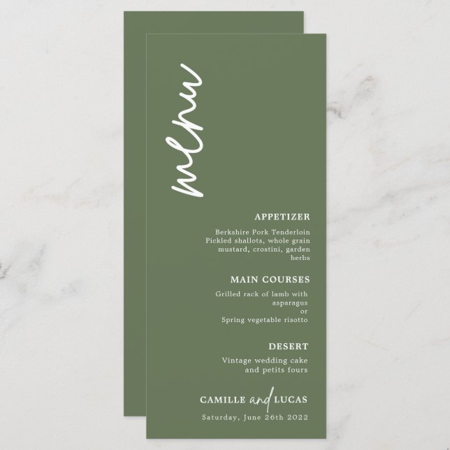 Minimalist Forest Green Wedding  Menu (Front/Back)