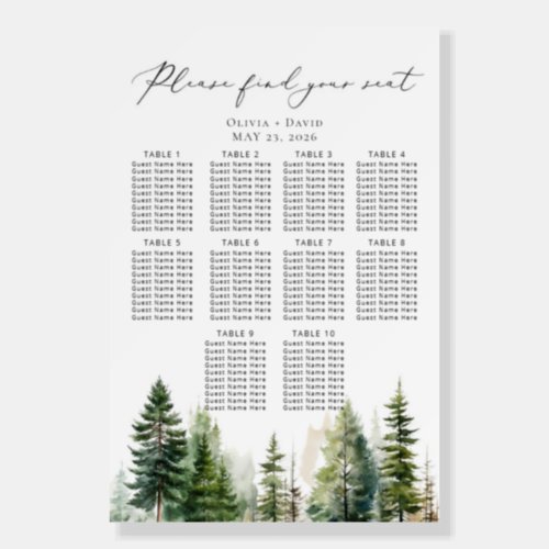 Minimalist forest pine trees wedding seating chart foam board