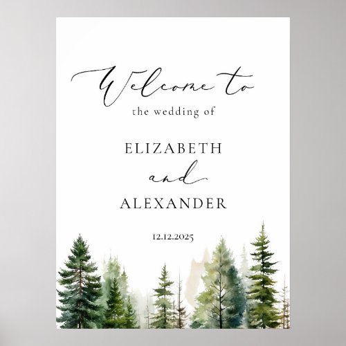 Minimalist forest pine trees wedding welcome poster