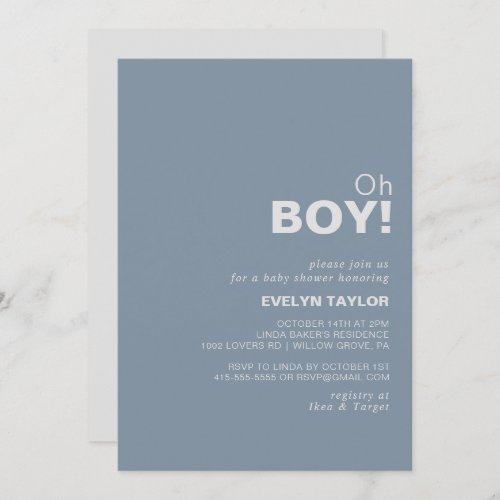 Minimalist Formal Blue Oh Boy Baby Shower   Invitation