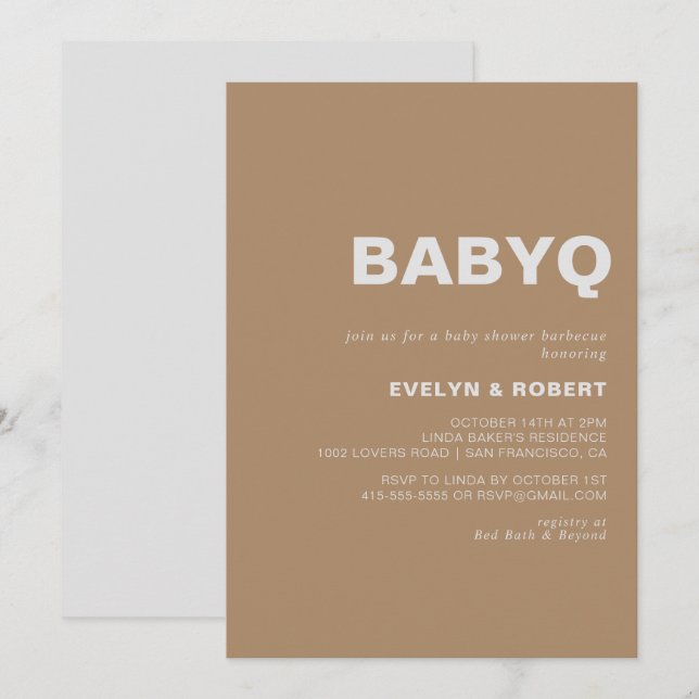 Minimalist Formal Brown BabyQ Baby Shower Barbecue Invitation (Front/Back)
