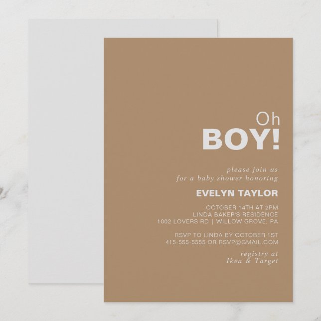 Minimalist Formal Brown Oh Boy Baby Shower   Invitation (Front/Back)