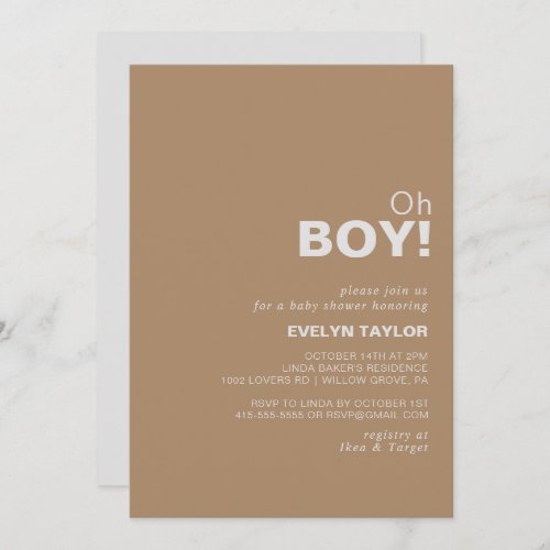 Minimalist Formal Brown Oh Boy Baby Shower   Invitation