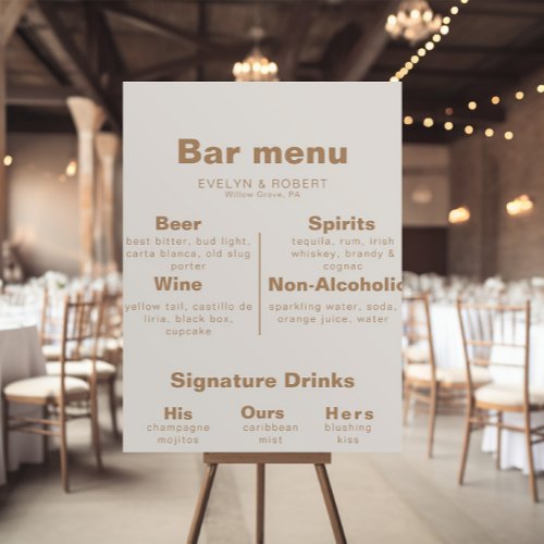 Minimalist Formal Brown Wedding Bar Menu  Poster