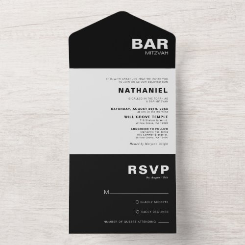 Minimalist Formal Elegant Black Bar Mitzvah   All In One Invitation