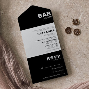 Minimalist Formal Elegant Black Bar Mitzvah All In One Invitation