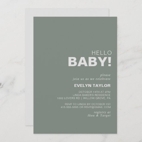 Minimalist Formal Green Hello Baby Shower   Invitation