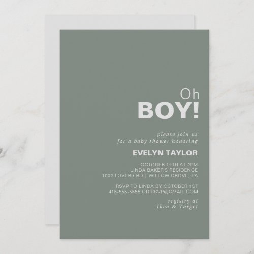 Minimalist Formal Green Oh Boy Baby Shower   Invitation