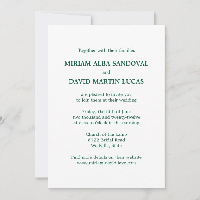 Minimalist Formal Green Text Wedding Invitation (Front)