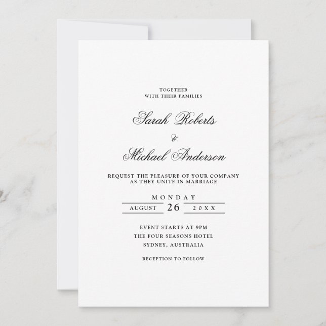 Minimalist Formal Romantic Black Script Wedding Invitation (Front)
