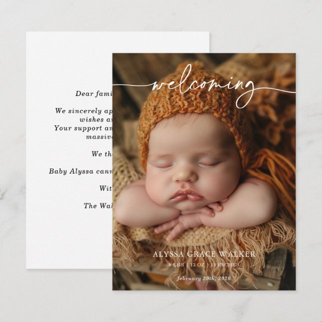 Minimalist Formal Welcoming Baby Announcement card (Front/Back)