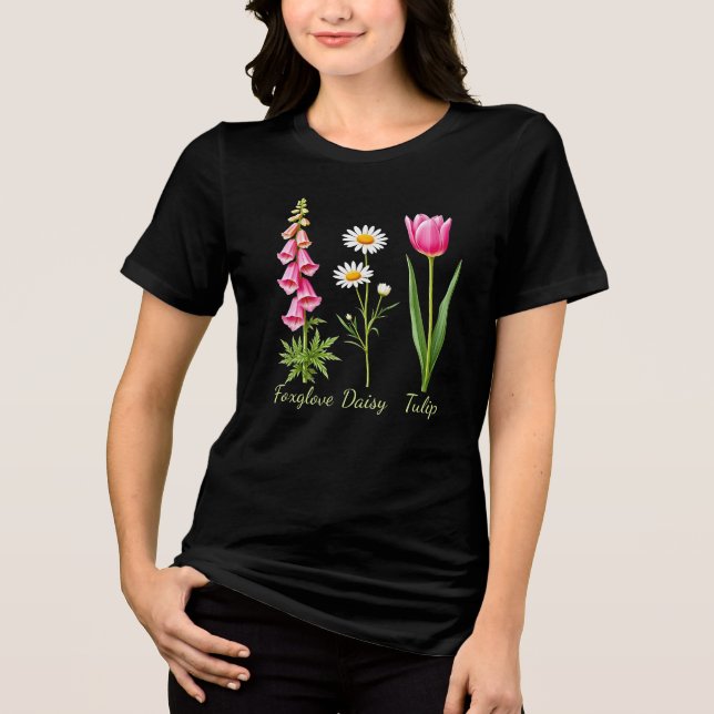 Minimalist Foxglove Daisy Tulip Floral Art Tri-Blend Shirt (Front)