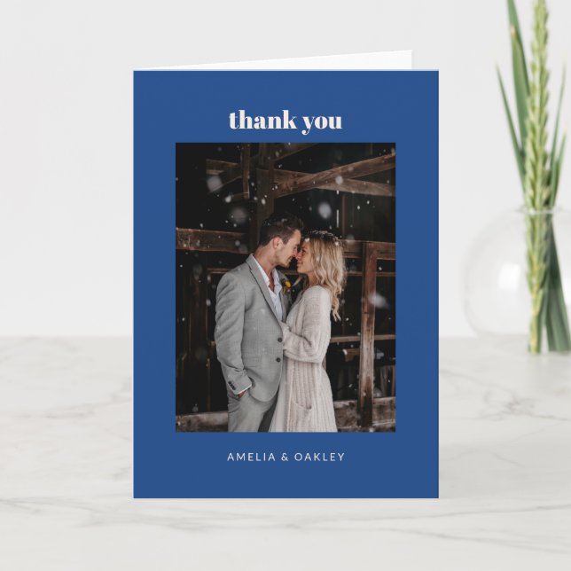 Minimalist French Blue Wedding Photo Folded Thank You Card (Front)