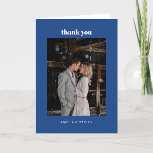 Minimalist French Blue Wedding Photo Folded Thank You Card