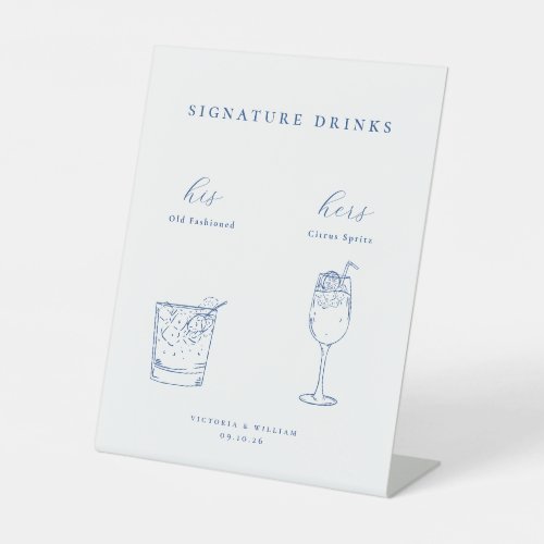 Minimalist French Blue Wedding Signature Drinks Pedestal Sign