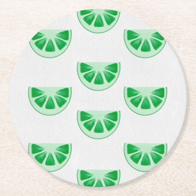 Minimalist Fresh Green Lime Slices Canvas Pattern Round Paper Coaster (Front)