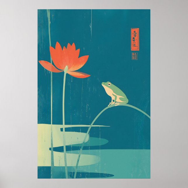 Minimalist Frog & Lotus Art Print Dark Teal Zen (Front)