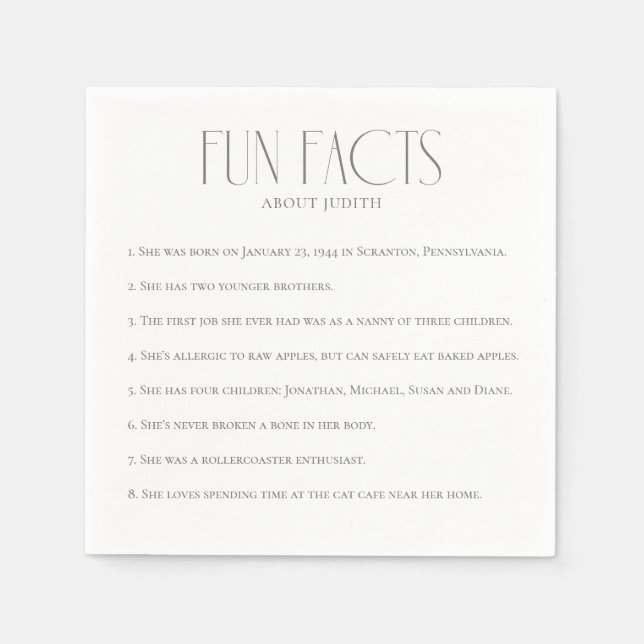 Minimalist Fun Facts Birthday Napkins (Front)