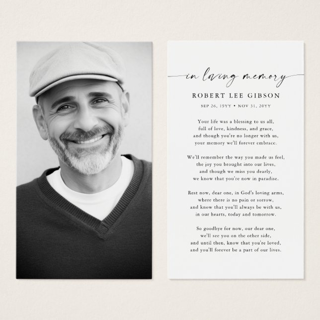 Minimalist Funeral Memorial Prayer Photo Card (Front & Back)