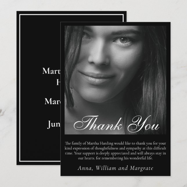 Minimalist Funeral | Modern Sympathy Photo black Thank You Card (Front/Back)