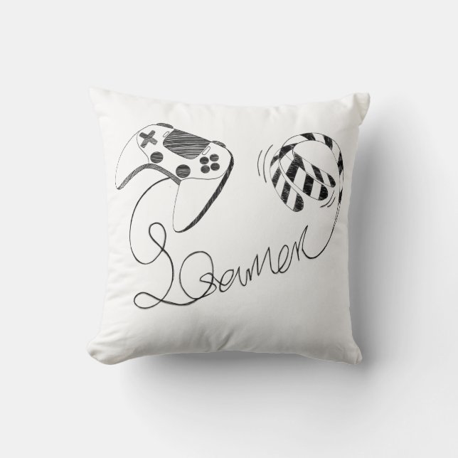 Minimalist Gamer Cat Line Art - Controller Cable  Throw Pillow (Front)