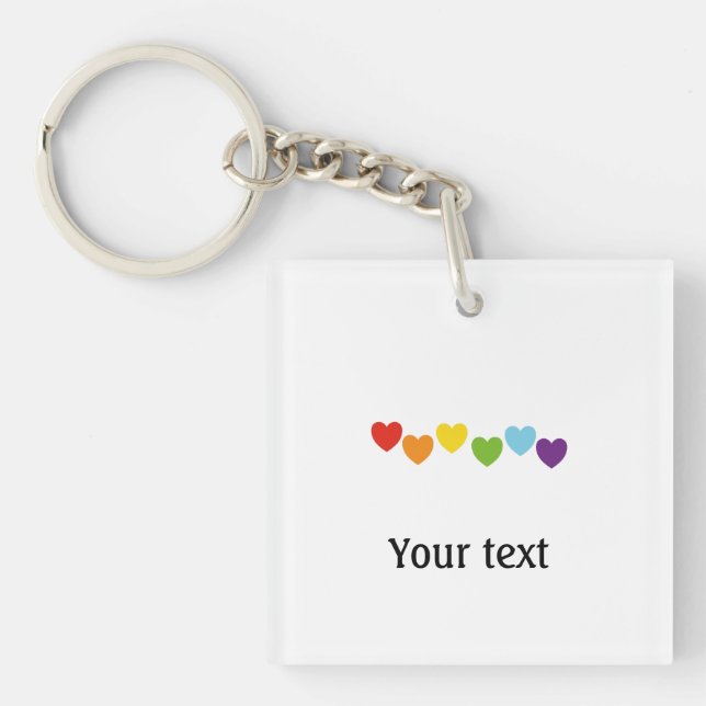 Minimalist Gay Pride Rainbow Hearts Text Keychain (Front)