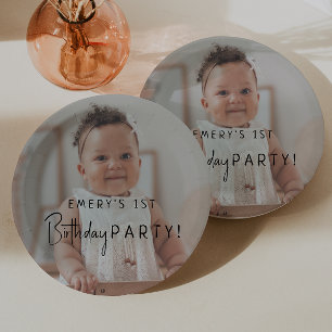 Minimalist Gender Neutral 1st Birthday Photo Paper Plates