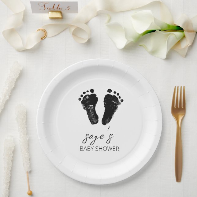 Minimalist Gender Neutral Footprints Baby Shower Paper Plates (Wedding)