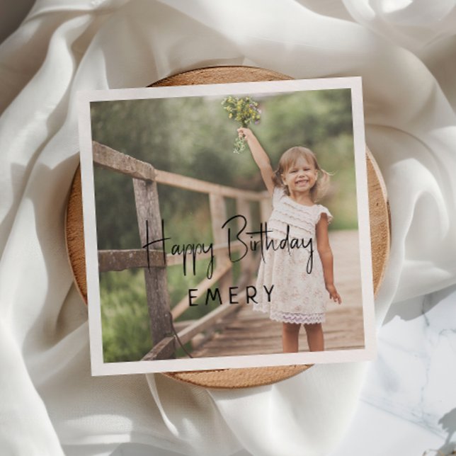 Minimalist Gender Neutral Happy Birthday Photo Napkins (Creator Uploaded)