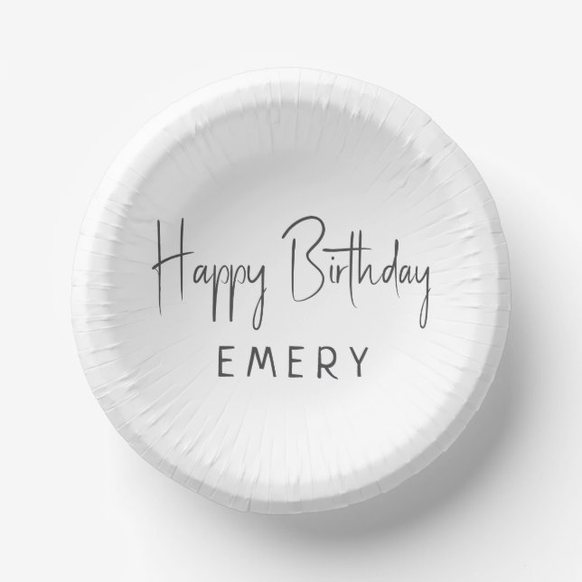 Minimalist Gender Neutral Happy Birthday With Name Paper Bowls (Front)