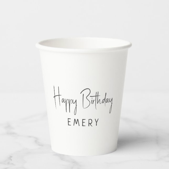 Minimalist Gender Neutral Happy Birthday With Name Paper Cups (Front)