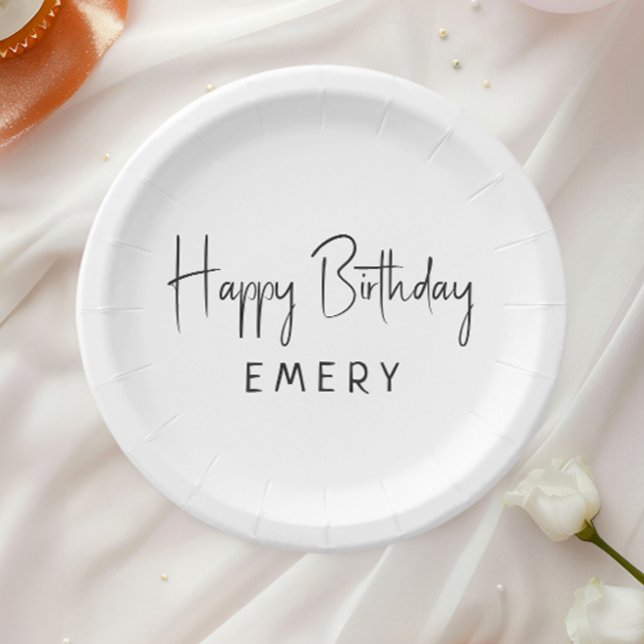 Minimalist Gender Neutral Happy Birthday With Name Paper Plates (Creator Uploaded)