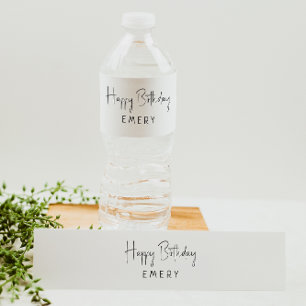 Minimalist Gender Neutral Happy Birthday With Name Water Bottle Label