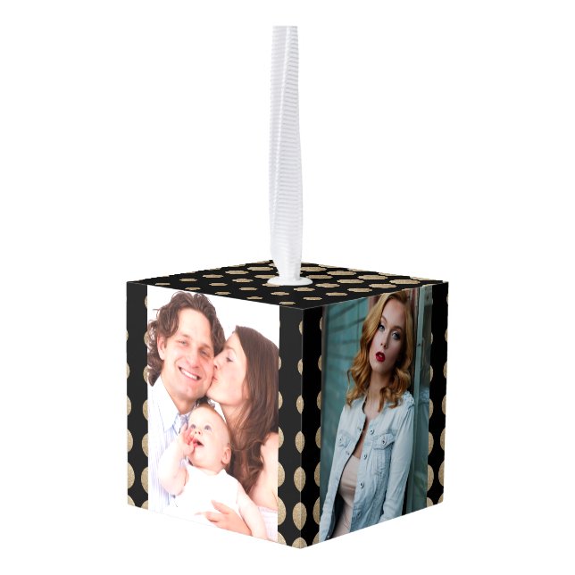 minimalist geometric black gold glitter polka dots cube ornament (Back Angled)