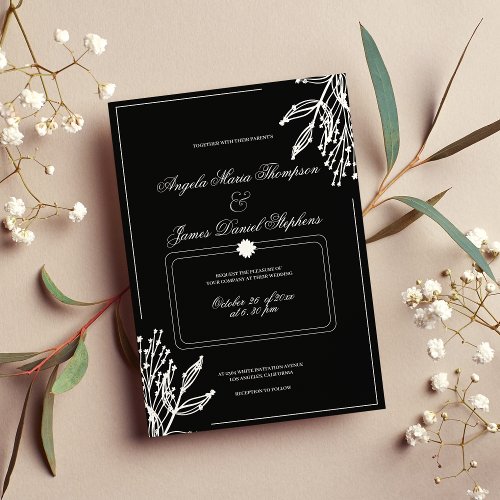 Minimalist geometric black white floral weddding invitation