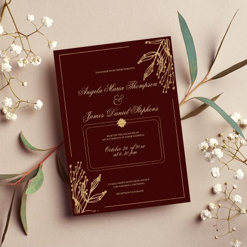 Minimalist geometric burgundy gold floral wedding invitation