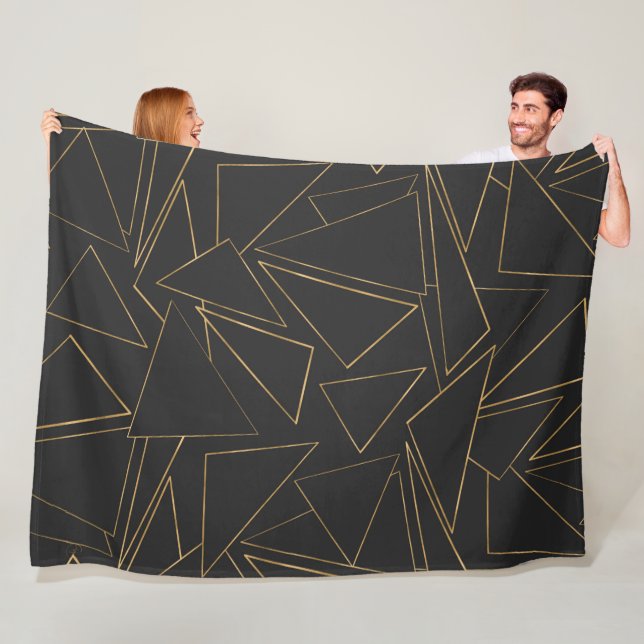 Minimalist Geometric Gold Black Strokes Triangles Fleece Blanket (In Situ)