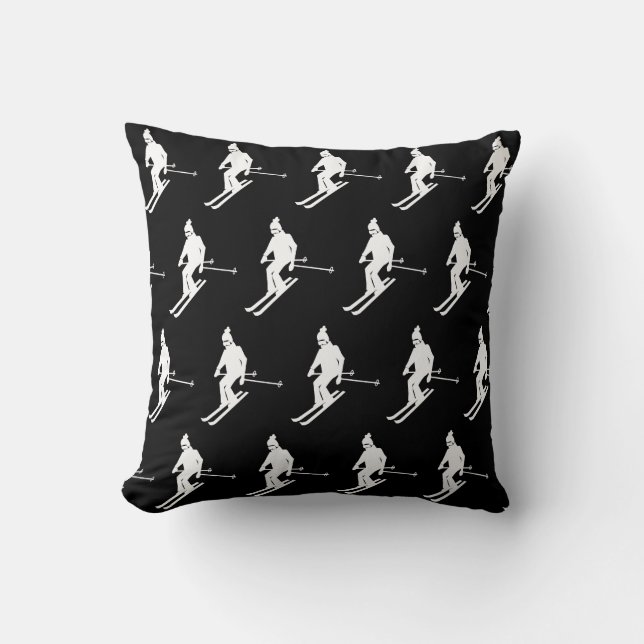 Minimalist Geometric Skiers Winter Black White Throw Pillow (Front)