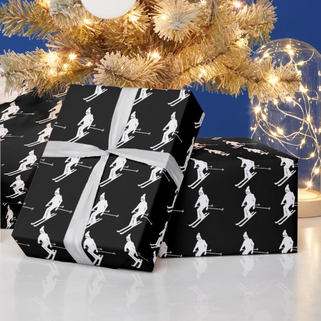 Minimalist Geometric Skiers Winter Black White  Wrapping Paper (Holidays)