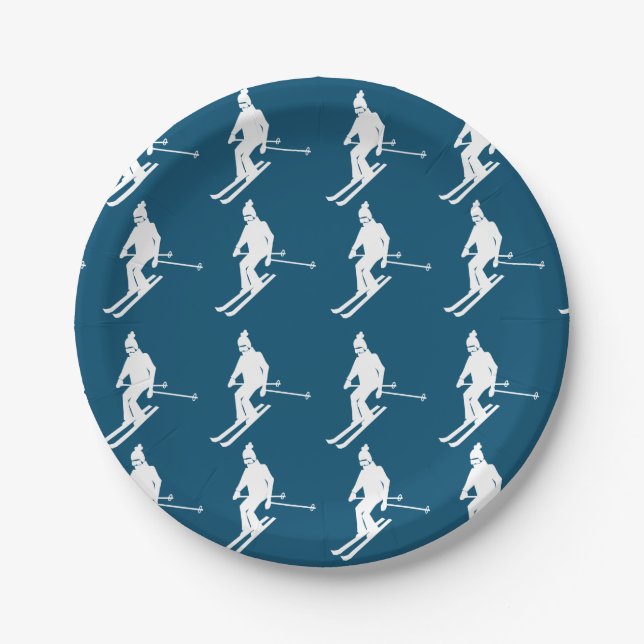 Minimalist Geometric Skiers Winter Blue White   Paper Plates (Front)
