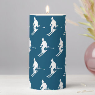 Minimalist Geometric Skiers Winter Blue White Pillar Candle