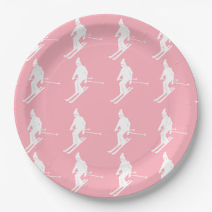 Minimalist Geometric Skiers Winter Pink White    Paper Plates