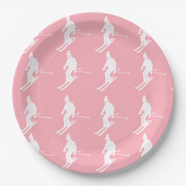 Minimalist Geometric Skiers Winter Pink White    Paper Plates (Front)