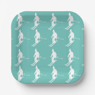 Minimalist Geometric Skiers Winter Teal White Paper Plates