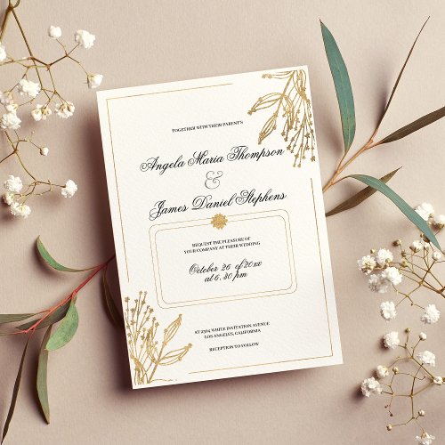 Minimalist geometric white gold floral weddding invitation