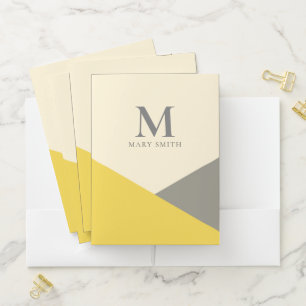 Minimalist Geometric Yellow and Gray Monogram Pocket Folder
