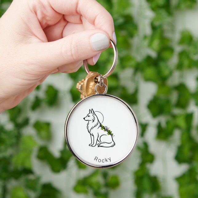 Minimalist German Shepherd Custom Name Silver Plat Keychain (Hand)